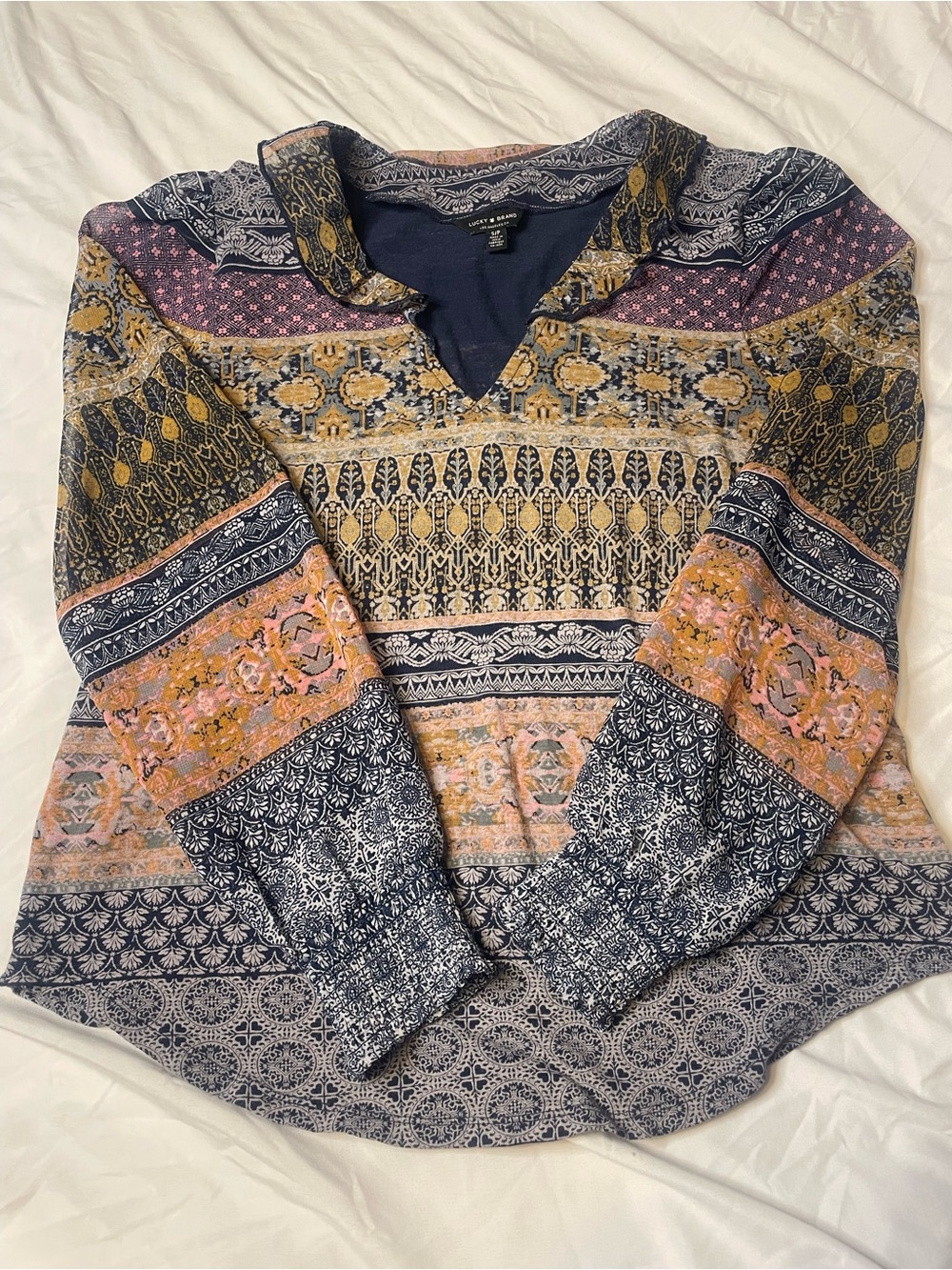 Lucky Brand Women’s Small Boho Mixed Print Peasant Blouse Tunic Top